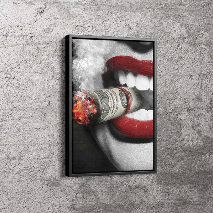 Smoking Woman Poster Red Lips Money Cigar Canvas Unique Design Wall Art Print Hand Made Ready to Hang Custom Design