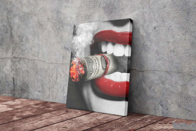 Smoking Woman Poster Red Lips Money Cigar Canvas Unique Design Wall Art Print Hand Made Ready to Hang Custom Design