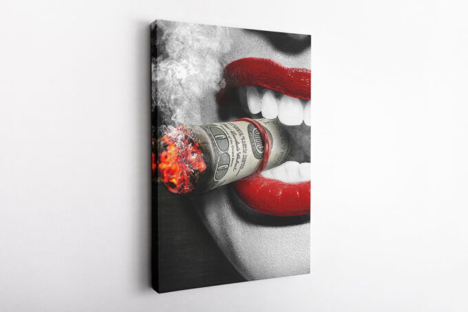Smoking Woman Poster Red Lips Money Cigar Canvas Unique Design Wall Art Print Hand Made Ready to Hang Custom Design