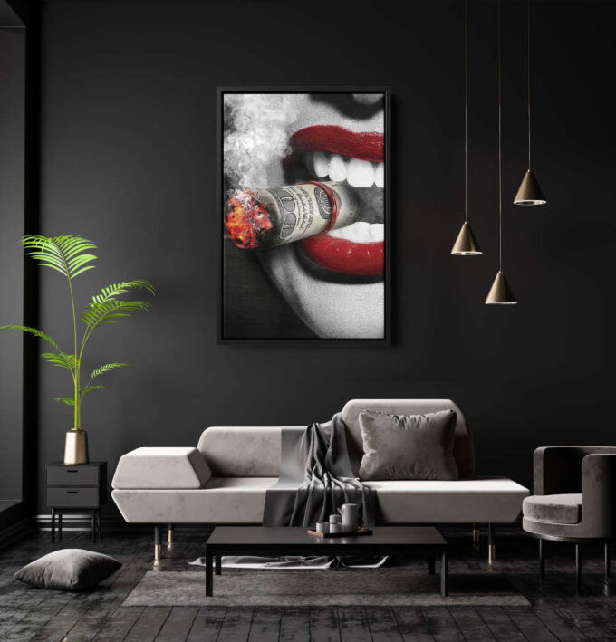 Smoking Woman Poster Red Lips Money Cigar Canvas Unique Design Wall Art Print Hand Made Ready to Hang Custom Design