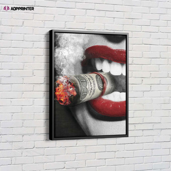 Smoking Woman Poster Red Lips Money Cigar Canvas Unique Design Wall Art Print Hand Made Ready to Hang Custom Design