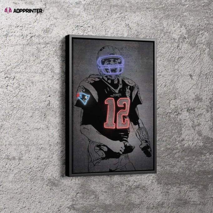 Tom Brady Neon Effect New England Patriots Canvas Unique Design Wall Art Print Hand Made Ready to Hang Custom Design