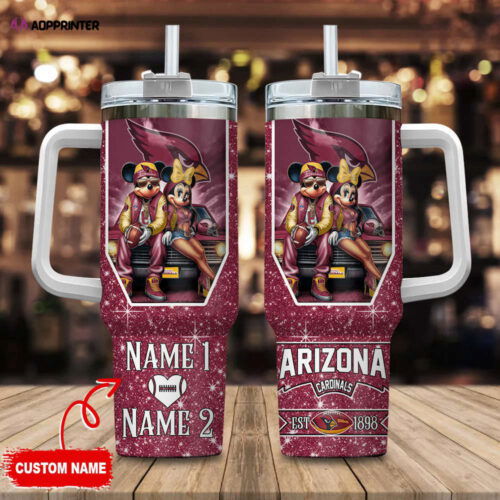Cart 6 Arizona Cardinals NFL Mickey And Minnie Couple 40oz Stanley Tumbler Custom Name Gift for Fans