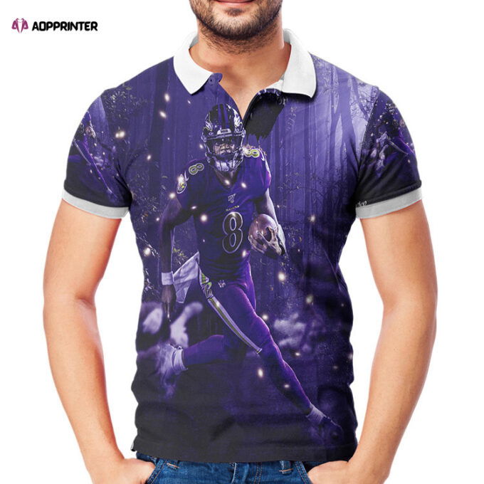 Baltimore Ravens Lamar Jackson 8 v12 3D Gift for Fans Polo Shirt