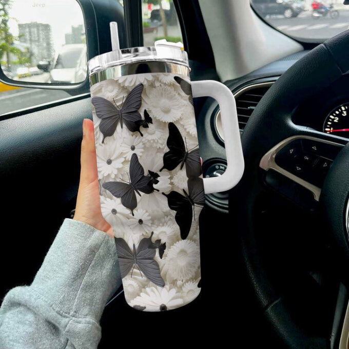 Butterfly Shineful Stanley Tumbler 40oz Black Gift for Fans