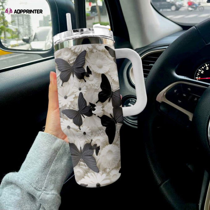 Butterfly Shineful Stanley Tumbler 40oz Black Gift for Fans