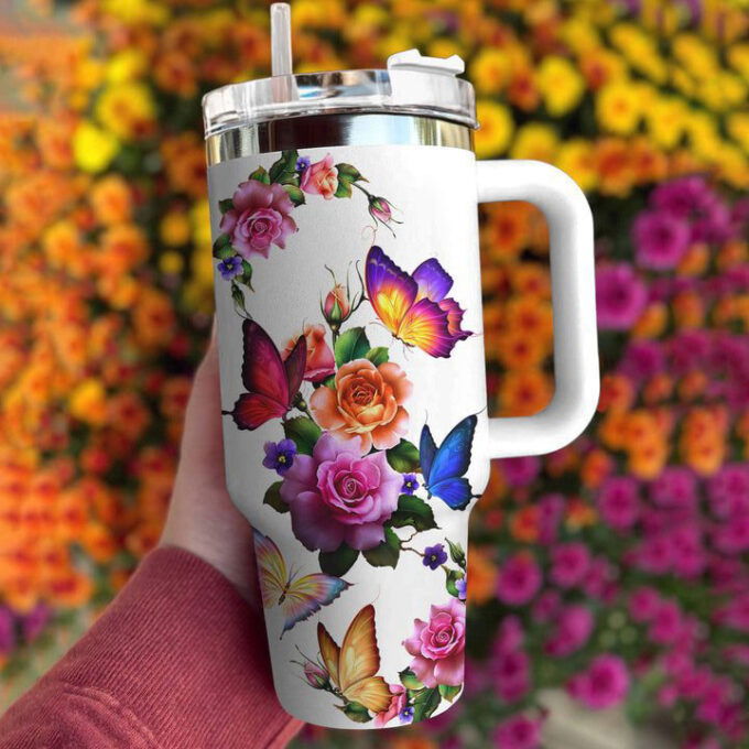 Butterfly Shineful Stanley Tumbler 40oz Gorgeous Butterflies Roses Gift for Fans