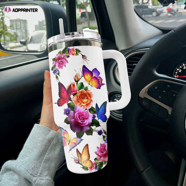 Butterfly Shineful Stanley Tumbler 40oz Gorgeous Butterflies Roses Gift for Fans Butterfly Shineful Stanley Tumbler 40oz Gorgeous Butterflies Roses Gift for Fans