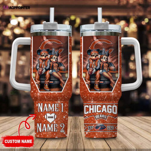 Cart 1 Chicago Bears NFL Mickey And Minnie Couple 40oz Stanley Tumbler Custom Name Gift for Fans