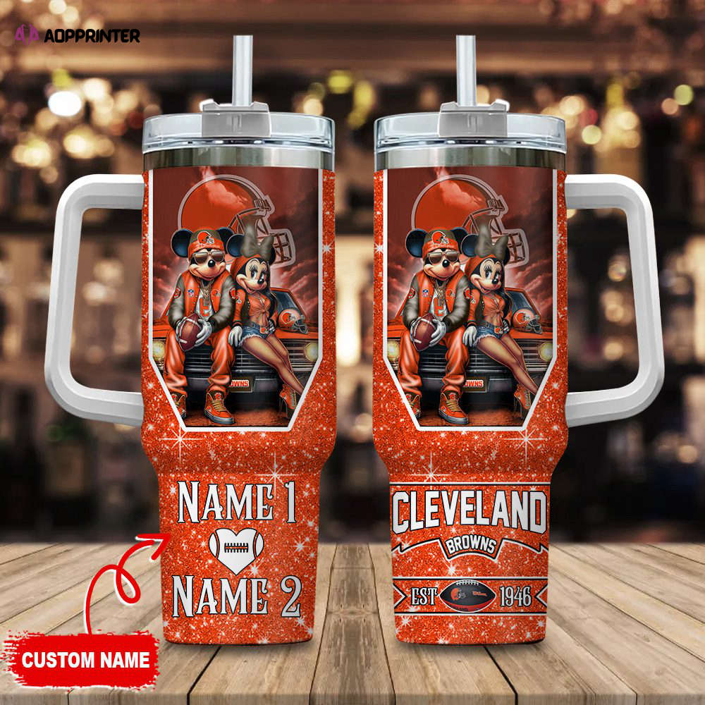Cleveland Browns NFL Mickey And Minnie Couple 40oz Stanley Tumbler Custom Name Gift for Fans Cleveland Browns NFL Mickey And Minnie Couple 40oz Stanley Tumbler Custom Name Gift for Fans