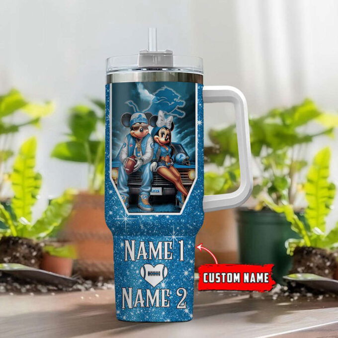 Detroit Lions NFL Mickey And Minnie Couple 40oz Stanley Tumbler Custom Name Gift for Fans