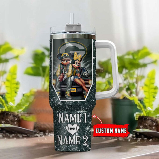 Green Bay Packers NFL Mickey And Minnie Couple 40oz Stanley Tumbler Custom Name Gift for Fans