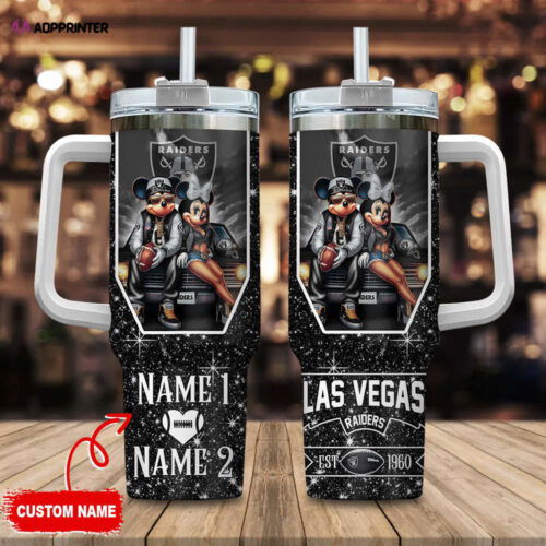 Cart 3 Las Vegas Raiders NFL Mickey And Minnie Couple 40oz Stanley Tumbler Custom Name Gift for Fans