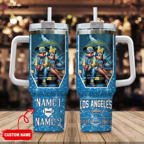 Cart 7 Los Angeles Chargers NFL Mickey And Minnie Couple 40oz Stanley Tumbler Custom Name Gift for Fans
