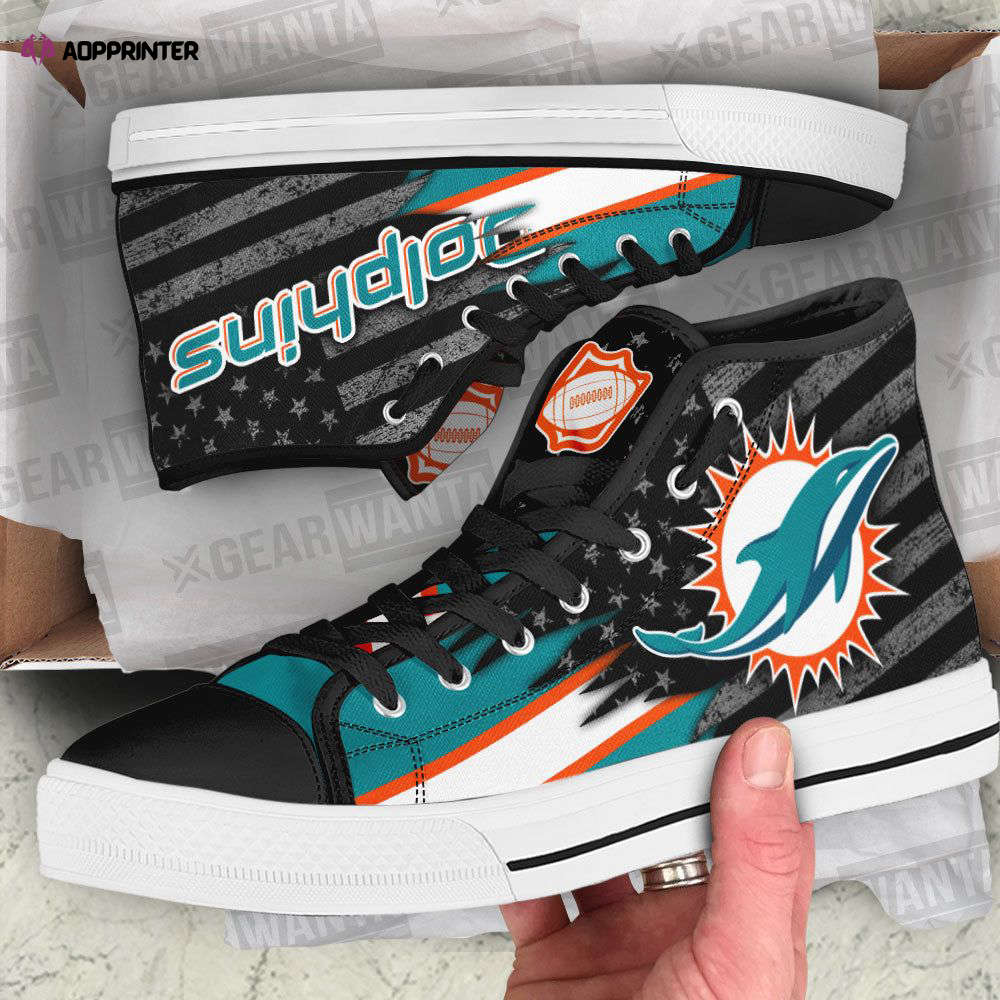 Miami Dolphins High Top Canvas Shoes Custom American Flag For Fans Miami Dolphins High Top Canvas Shoes Custom American Flag For Fans