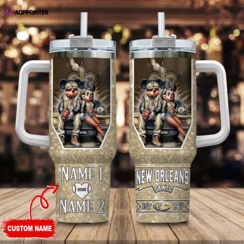 Cart 4 New Orleans Saints NFL Mickey And Minnie Couple 40oz Stanley Tumbler Custom Name Gift for Fans