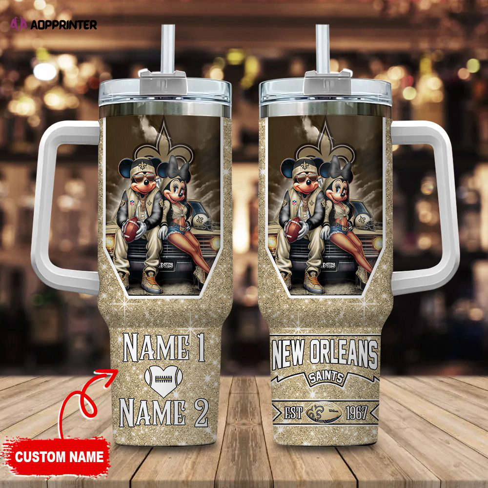New Orleans Saints NFL Mickey And Minnie Couple 40oz Stanley Tumbler Custom Name Gift for Fans New Orleans Saints NFL Mickey And Minnie Couple 40oz Stanley Tumbler Custom Name Gift for Fans