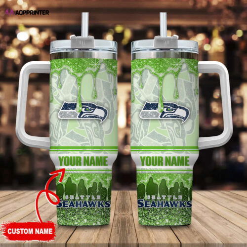 Seattle Seahawks NFL Glitter Custom Name 40oz Stanley Tumbler Gift for Fans
