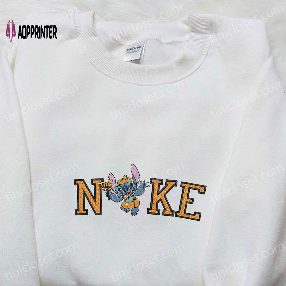 Spooky Happy Stitch Halloween Pumpkin x Nike Embroidered Shirt: Funny Disney Characters T-shirt & Nike Inspired Sweatshirt Spooky Happy Stitch Halloween Pumpkin x Nike Embroidered Shirt: Funny Disney Characters T-shirt & Nike Inspired Sweatshirt