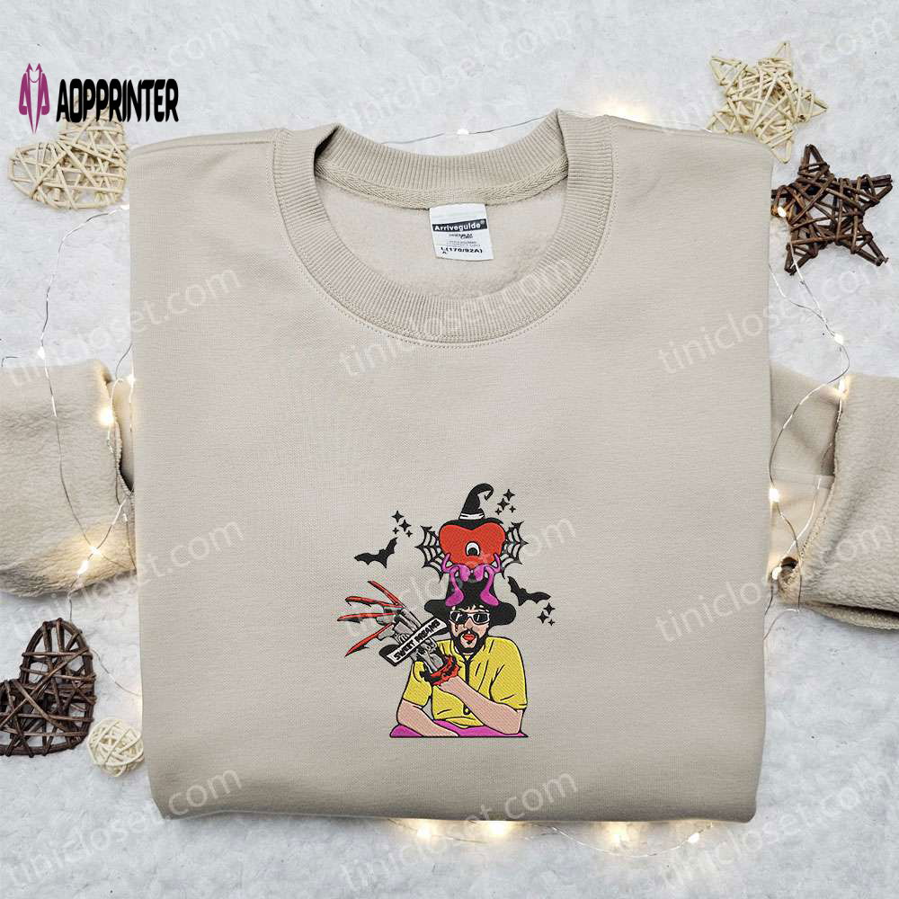 Bad Bunny Freddy Kruger Sweatshirt: Celebrity Embroidered Hoodie for Halloween Bad Bunny Freddy Kruger Sweatshirt: Celebrity Embroidered Hoodie for Halloween