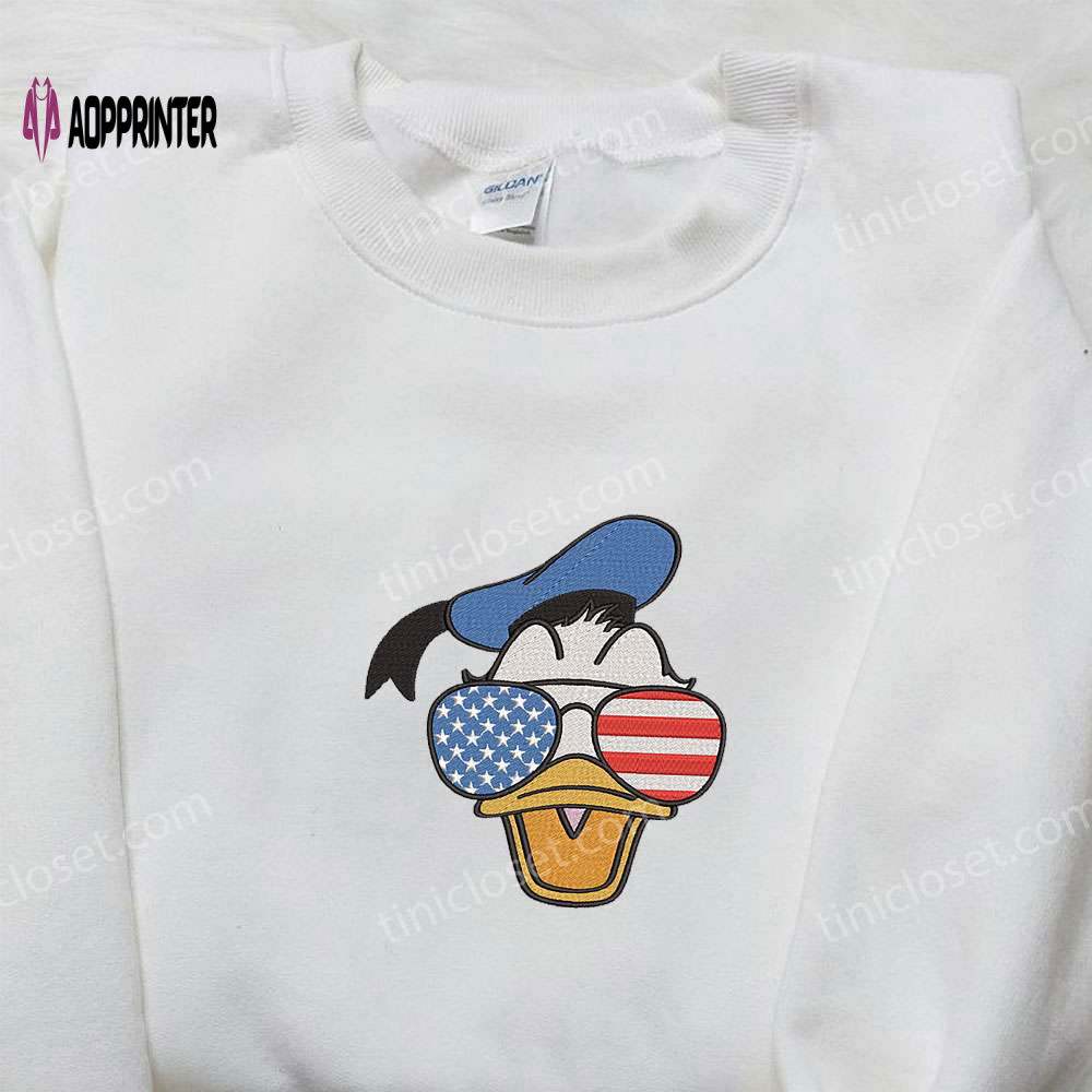 Donald Duck American Glasses Embroidered Shirt: Perfect Disney Gift for National Day Donald Duck American Glasses Embroidered Shirt: Perfect Disney Gift for National Day