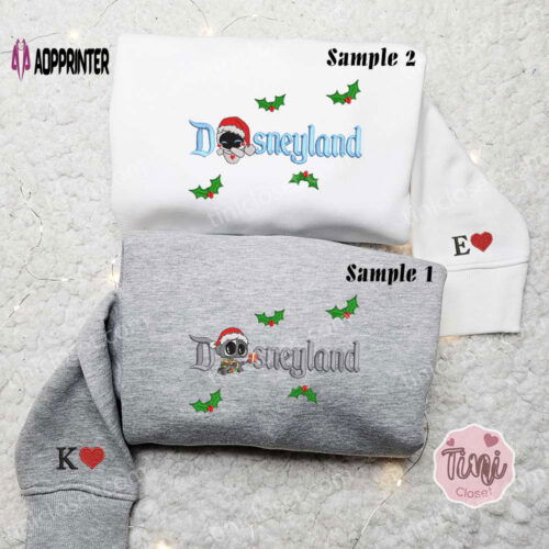 Disneyland Christmas Couple Shirt with Eve Wall-E and Disney Characters - Festive Embroidered Hoodie