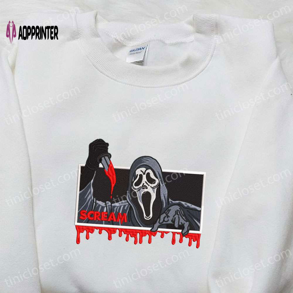 Ghostface Scream Sweatshirt: Spooky Embroidered Shirt at Spirit Halloween Ghostface Scream Sweatshirt: Spooky Embroidered Shirt at Spirit Halloween