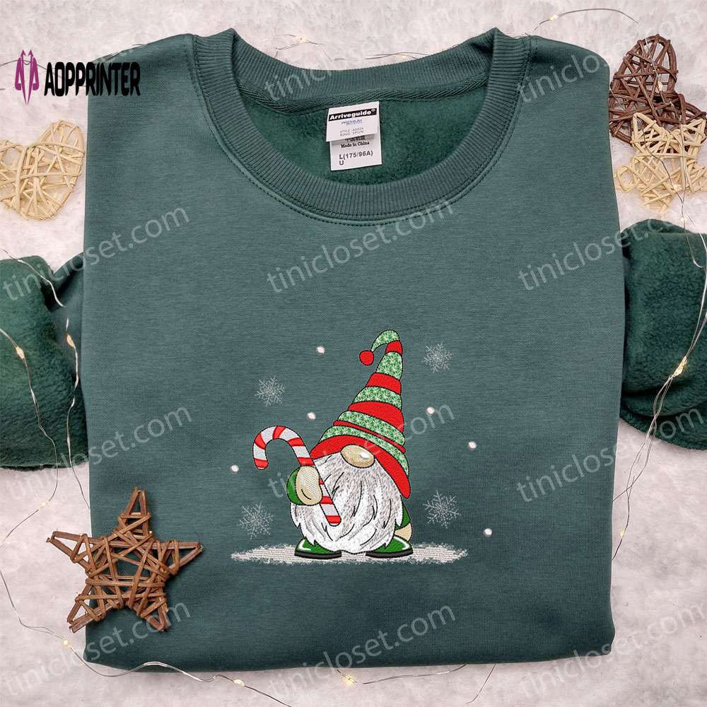Gnome With Candy Cane Sweatshirt: Festive Christmas Embroidered Gift Gnome With Candy Cane Sweatshirt: Festive Christmas Embroidered Gift