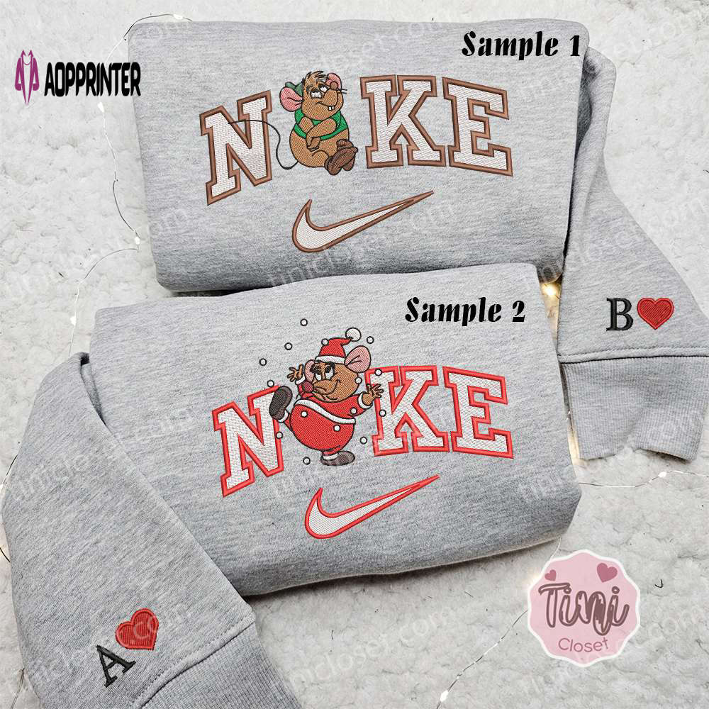 Gus Mouse Cinderella Xmas x Nike Embroidered Couple Shirt: Christmas Shirt & Nike Inspired Hoodie Gus Mouse Cinderella Xmas x Nike Embroidered Couple Shirt: Christmas Shirt & Nike Inspired Hoodie