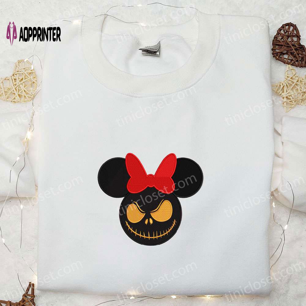 Jack Skellington x Minnie Mouse Embroidered Shirt: Disney Halloween Funny Tee Jack Skellington x Minnie Mouse Embroidered Shirt: Disney Halloween Funny Tee