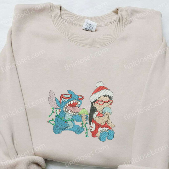 Disney Lilo And Stitch Christmas Embroidered Shirt & Hoodie: Festive Disney Characters Eating Ice-Cream – Limited Edition