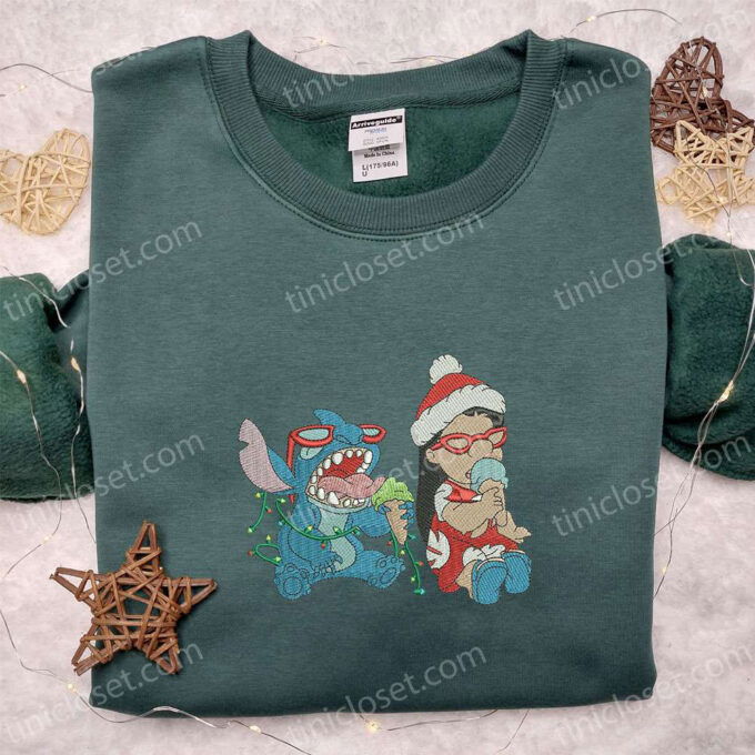 Disney Lilo And Stitch Christmas Embroidered Shirt & Hoodie: Festive Disney Characters Eating Ice-Cream – Limited Edition