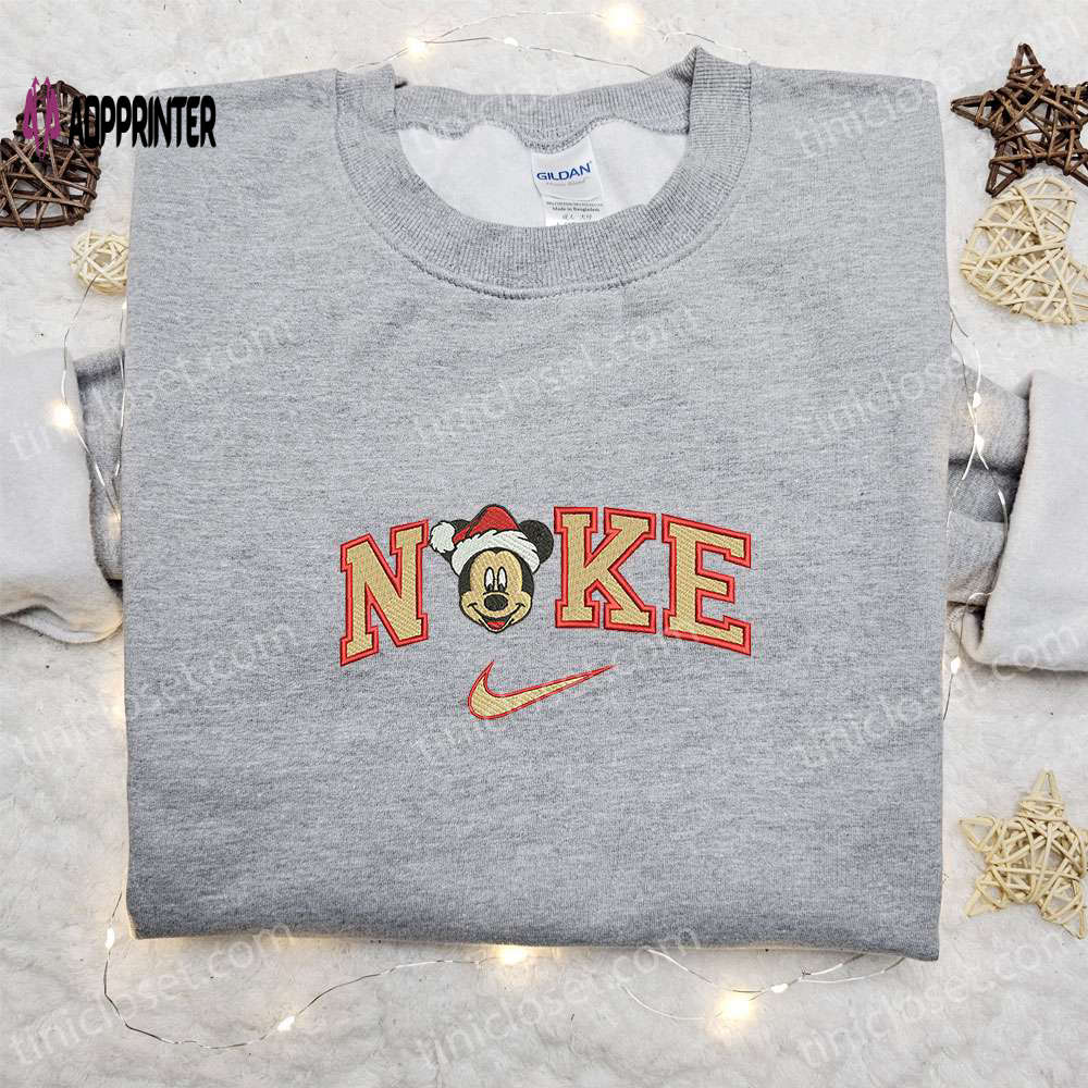 Mickey Head Santa Hat x Nike Embroidered Shirt & Disney Characters Hoodie: Festive Christmas Apparel Mickey Head Santa Hat x Nike Embroidered Shirt & Disney Characters Hoodie: Festive Christmas Apparel