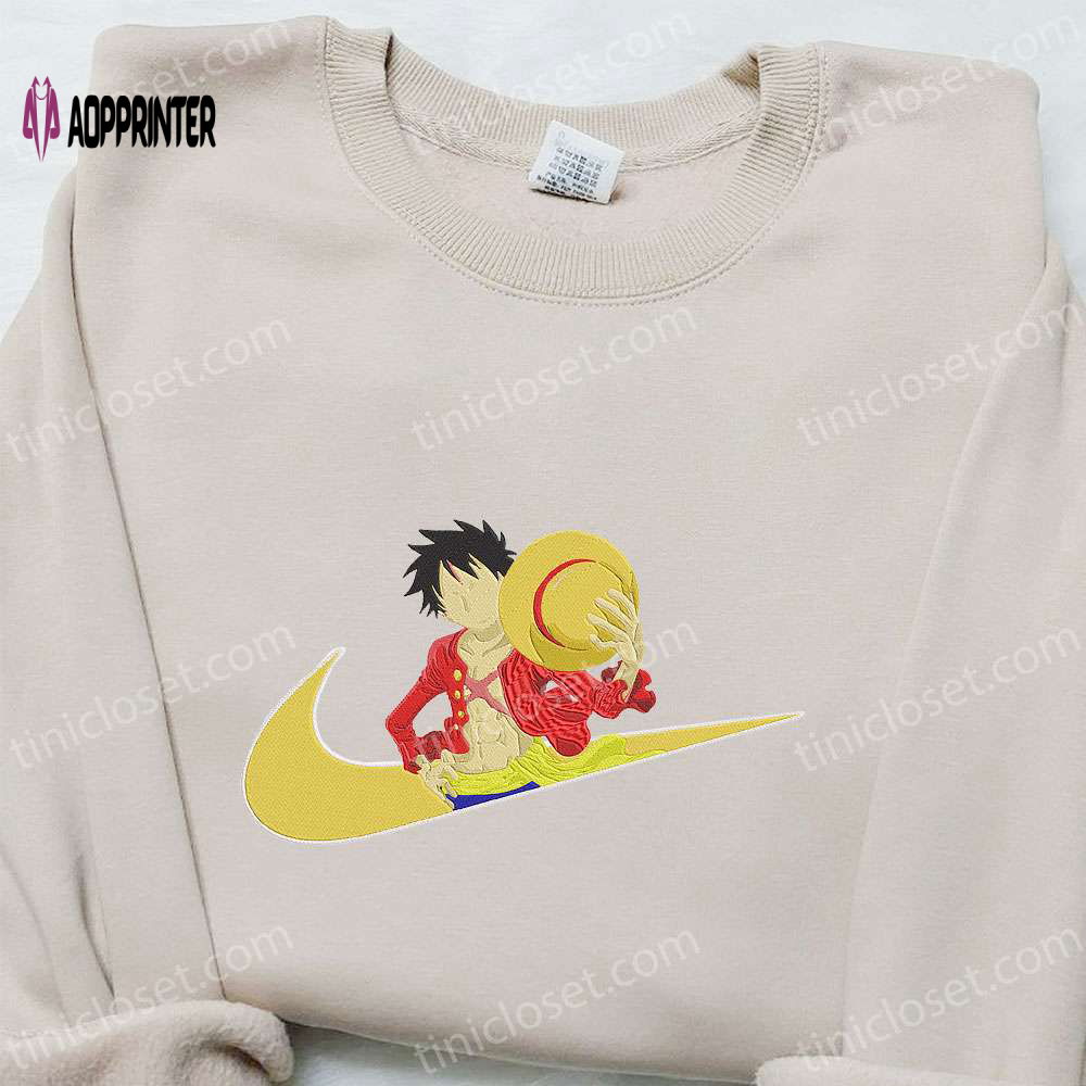 Monkey D Luffy x Swoosh Anime Embroidered Sweatshirt: Nike Inspired Hoodie Perfect Birthday Gift for Family Monkey D Luffy x Swoosh Anime Embroidered Sweatshirt: Nike Inspired Hoodie Perfect Birthday Gift for Family