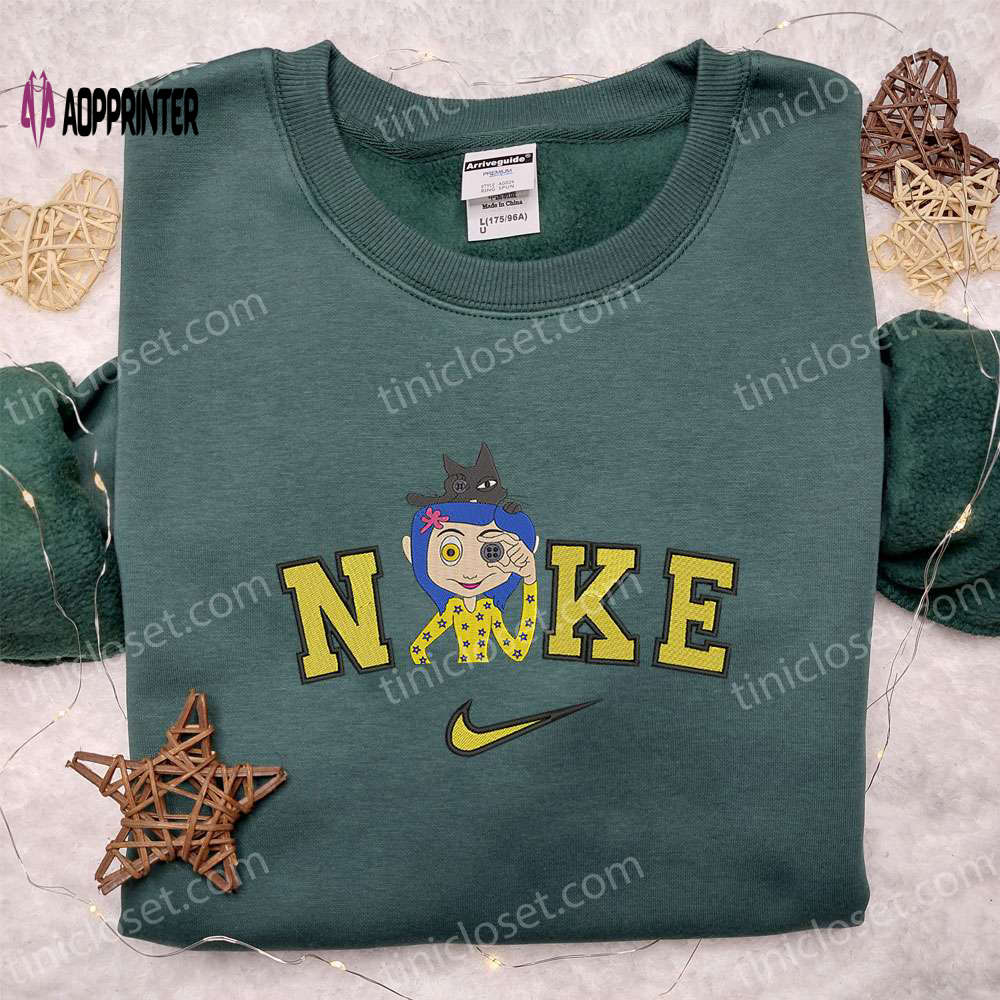 Nike x Witch Button Eyed Girl Halloween Shirt: Adorable Embroidered Nike Inspired Tee Nike x Witch Button Eyed Girl Halloween Shirt: Adorable Embroidered Nike Inspired Tee