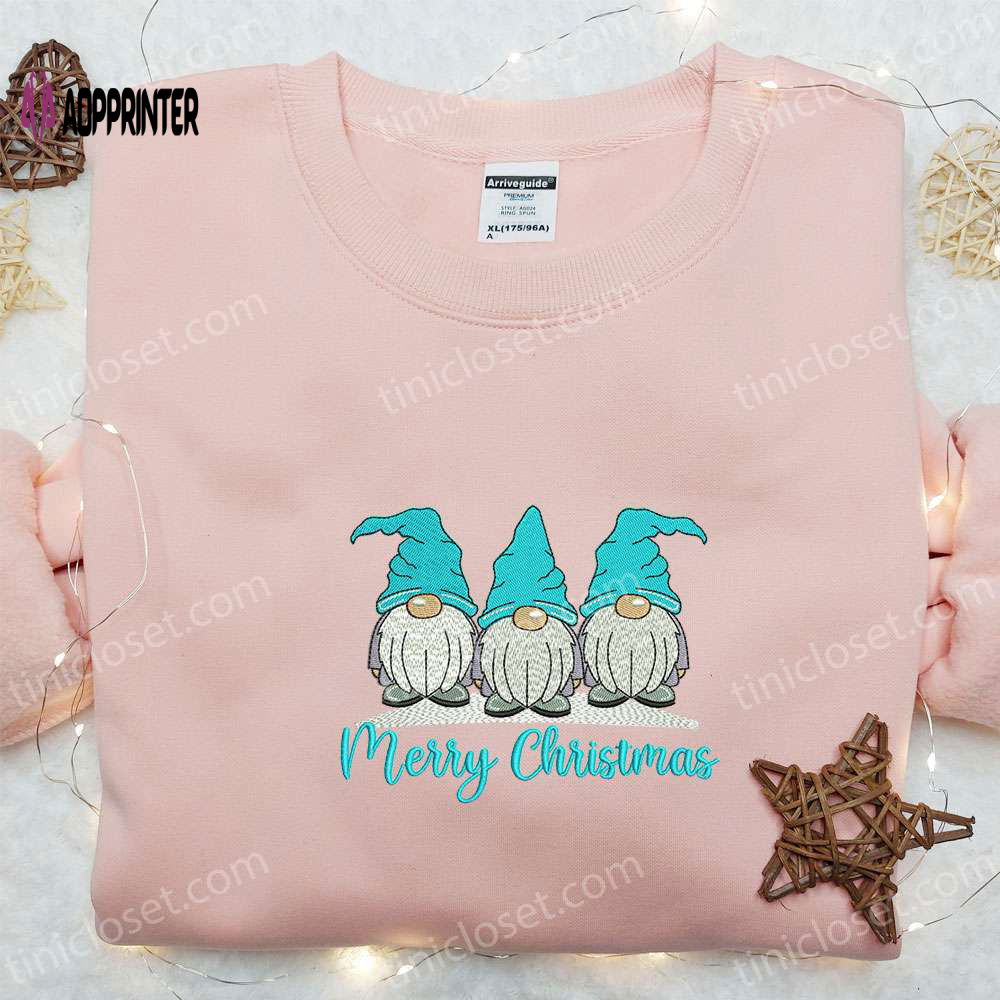 Blue Merry Christmas Shirt & Hoodie: Embroidered Gnomes – Perfect Family Gifts Blue Merry Christmas Shirt & Hoodie: Embroidered Gnomes – Perfect Family Gifts