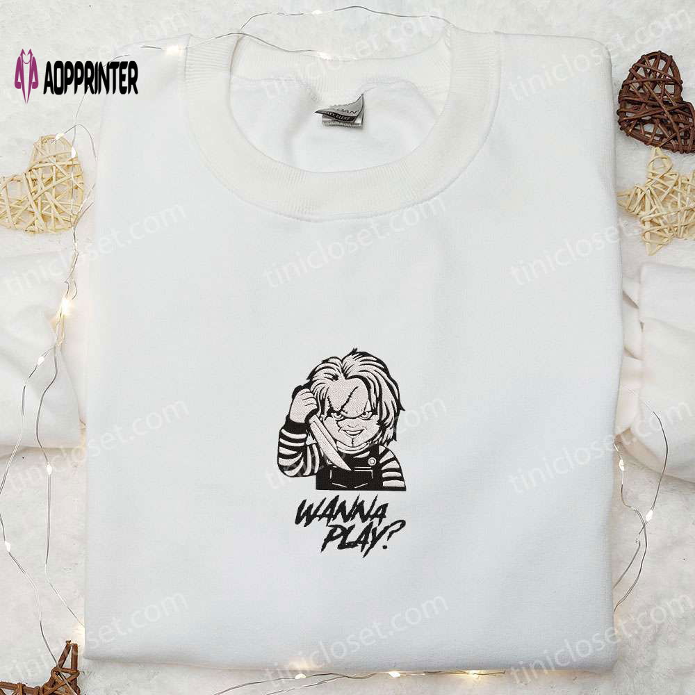 Wanna Play Chucky Embroidered Shirt – Scary Halloween Gift for Family Wanna Play Chucky Embroidered Shirt – Scary Halloween Gift for Family