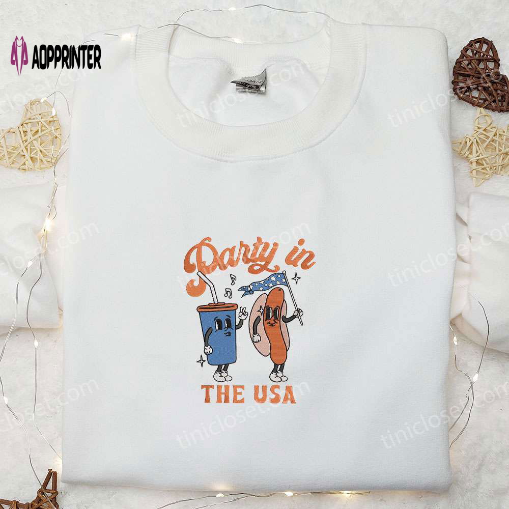 USA Food Party Embroidered Shirt: Funny Hot Dog Lover Gift for 4th of July & National Day USA Food Party Embroidered Shirt: Funny Hot Dog Lover Gift for 4th of July & National Day