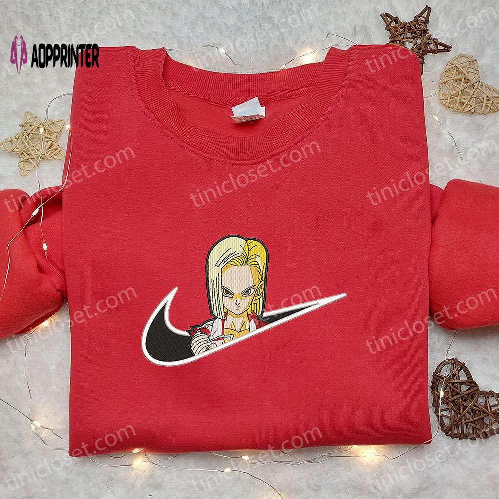 Anime-inspired Android 18 x Nike Swoosh Embroidered Shirt – Dragon Ball & Nike Inspired Design Anime-inspired Android 18 x Nike Swoosh Embroidered Shirt – Dragon Ball & Nike Inspired Design