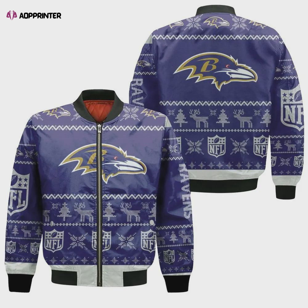 Baltimore Ravens Christmas Pattern Bomber Jacket – Navy Blue Baltimore Ravens Christmas Pattern Bomber Jacket – Navy Blue
