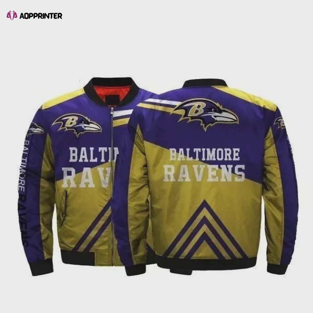Baltimore Ravens Team Logo Pattern Bomber Jacket – Purple And Yellow Baltimore Ravens Team Logo Pattern Bomber Jacket – Purple And Yellow