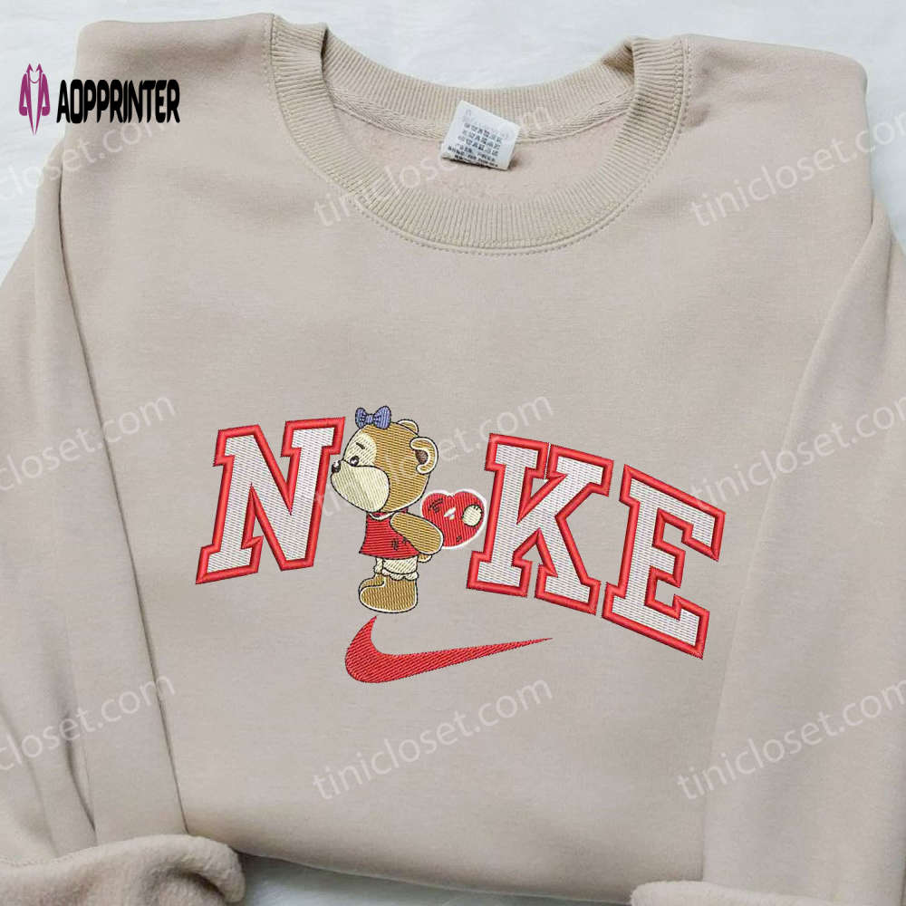 Nike Embroidered Shirt – Bear Bring Heart x Swoosh Cartoon Design Nike Embroidered Shirt – Bear Bring Heart x Swoosh Cartoon Design