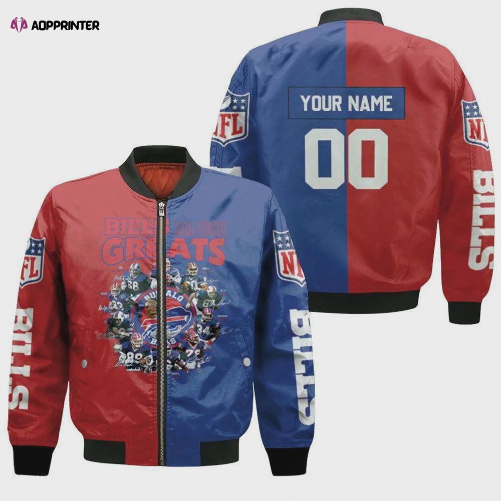 Buffalo Bills All Time Greats Players Pattern Bomber Jacket – Red And Blue Buffalo Bills All Time Greats Players Pattern Bomber Jacket – Red And Blue