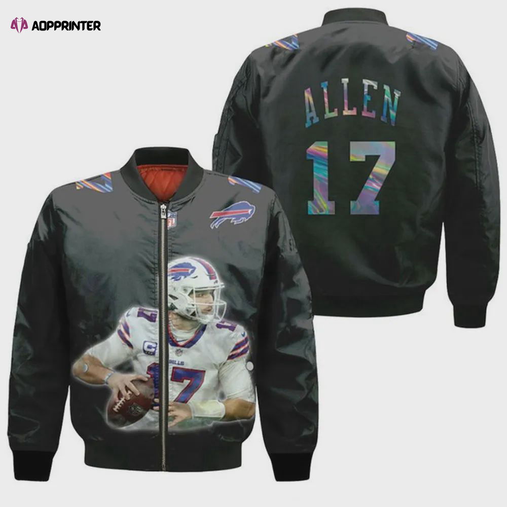 Buffalo Bills Josh Allen Pattern Bomber Jacket – Black Buffalo Bills Josh Allen Pattern Bomber Jacket – Black