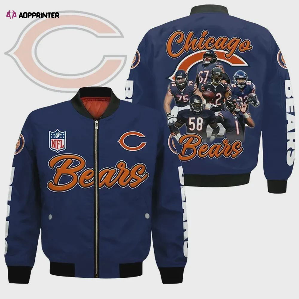 Chicago Bears Players Logo Pattern Bomber Jacket – Navy Blue Chicago Bears Players Logo Pattern Bomber Jacket – Navy Blue