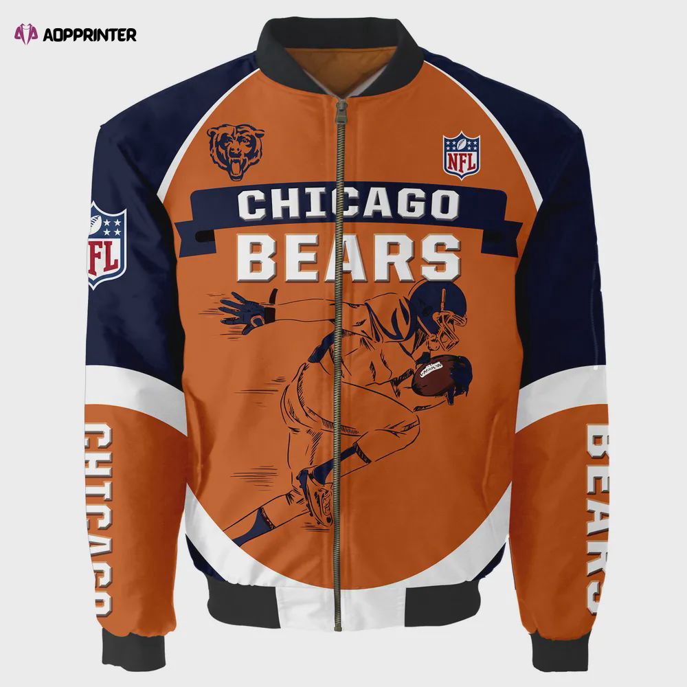 Chicago Bears Players Running Pattern Bomber Jacket – Orange Chicago Bears Players Running Pattern Bomber Jacket – Orange
