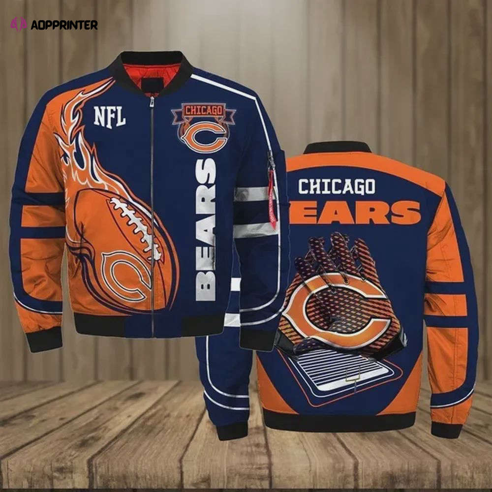 Chicago Bears Team Logo Pattern Bomber Jacket – Orange And Navy Blue Chicago Bears Team Logo Pattern Bomber Jacket – Orange And Navy Blue
