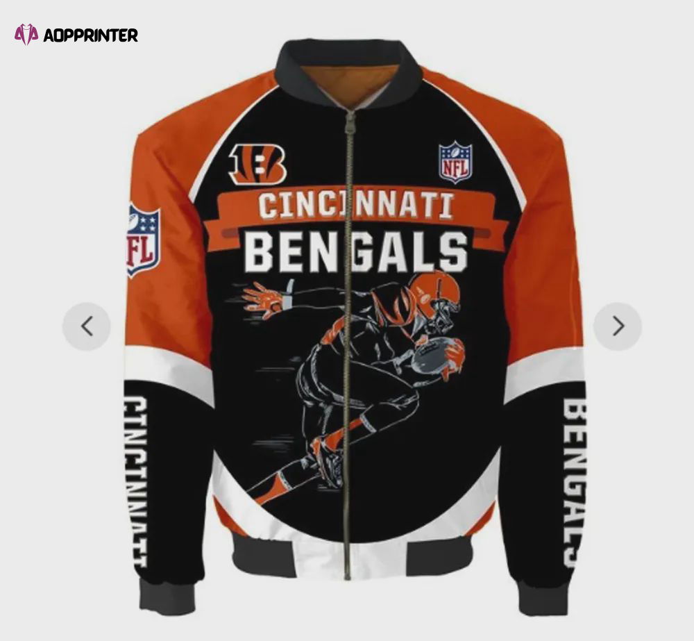Cincinnati Bengals Players Running Pattern Bomber Jacket – Black And Orange Cincinnati Bengals Players Running Pattern Bomber Jacket – Black And Orange