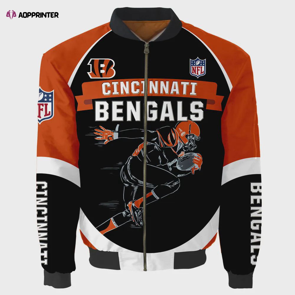 Cincinnati Bengals Players Running Pattern Bomber Jacket – Orange And Red Cincinnati Bengals Players Running Pattern Bomber Jacket – Orange And Red