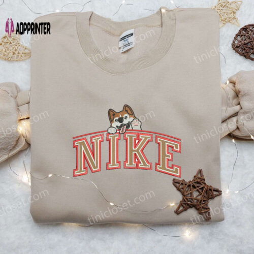 Custom Corgi Saying Hi x Nike Embroidered Shirt - Animal Embroidery for a Unique Look!